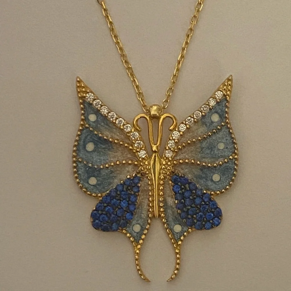 🦋 Butterfly necklace 925 silver sapphire blue cz stones 18k yellow gold plated